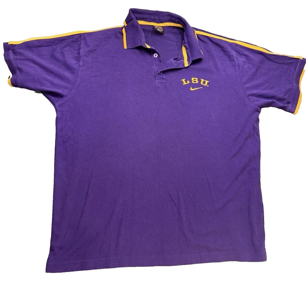 LSU Tigers Nike Polo Shirt Men's Large Short Sleeve Striped NCAA Purple